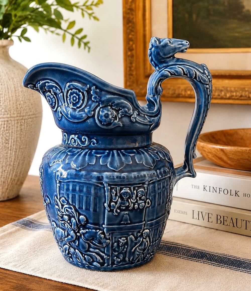 Arthur Wood England Vintage Blue Embossed Ceramic Pitcher Figural Handle 10" EUC